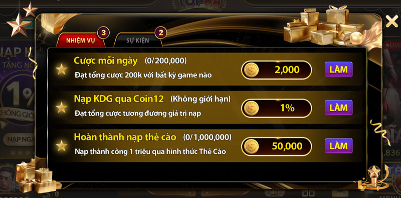 Nhiệm vụ mỗi ngày tại Top88 với đa dạng phần thưởng sau khi hoàn thành  
